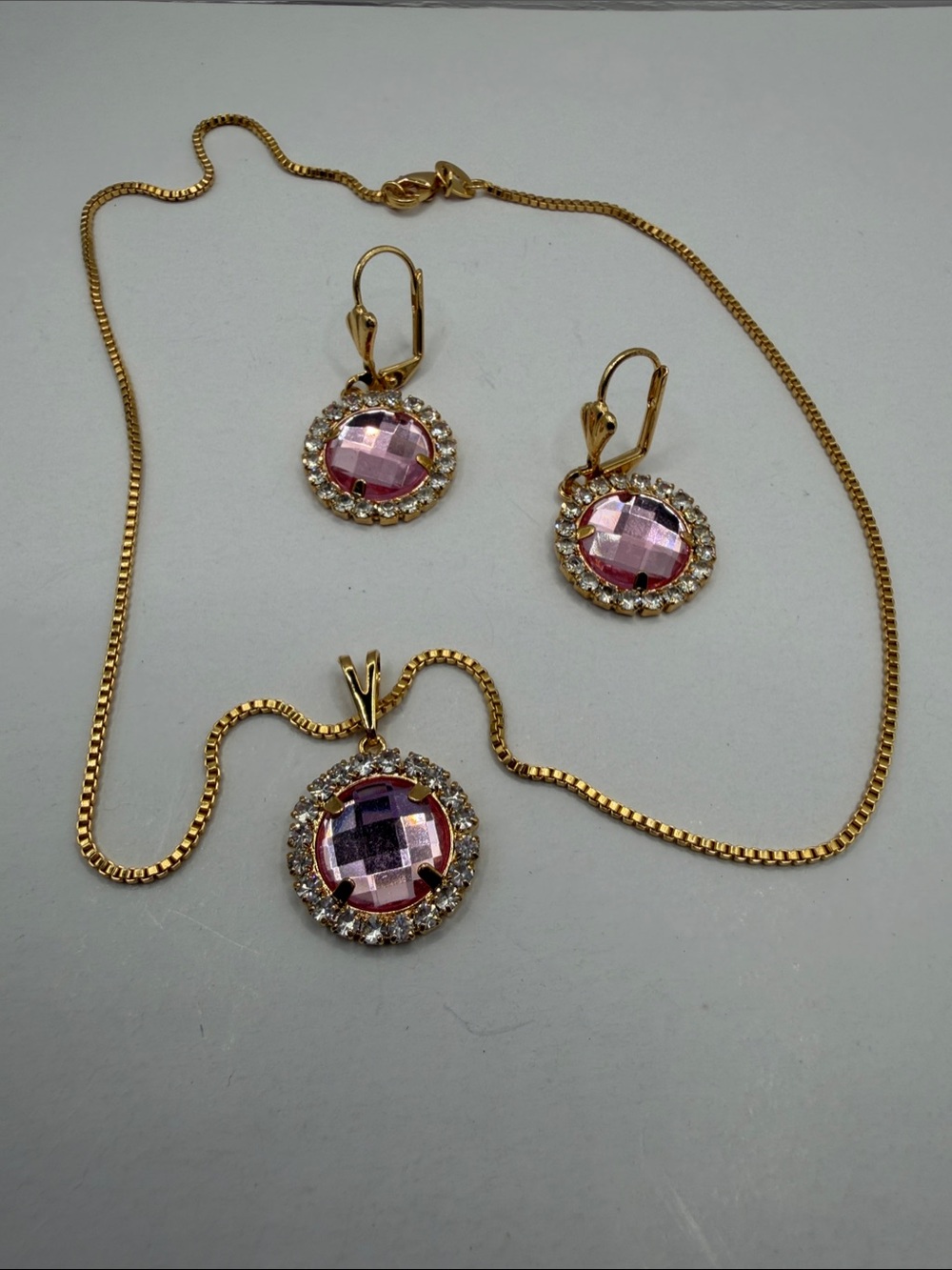 Gold-plated Pink Crystal Pendant Necklace & Earring Set